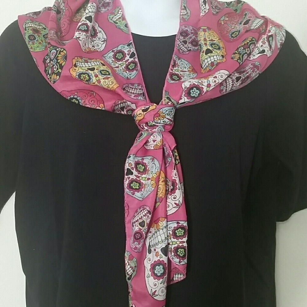Scarf Sugar skull Pink skeleton head NEW 13.8" x 63" Whimsigoth Dark Romance